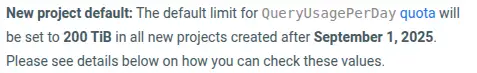 A snippet of an email from Google, showing the change in BigQuery project quota defaults